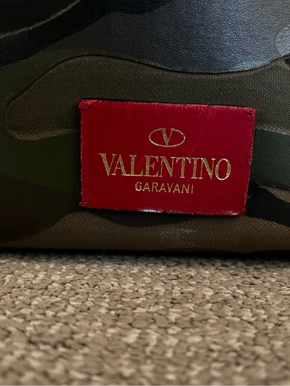 Valentino Garavani Rockstud Camouflage Tote with Red Handles and Gold Studs